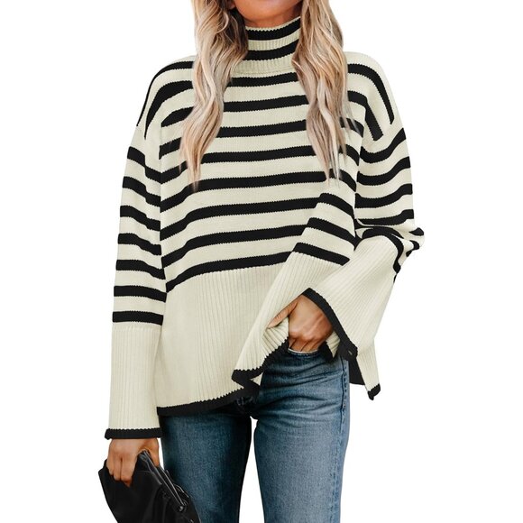 Tops - Women's Winter Turtleneck Sweater Casual Stripe Long Sleeve Pull Over Top